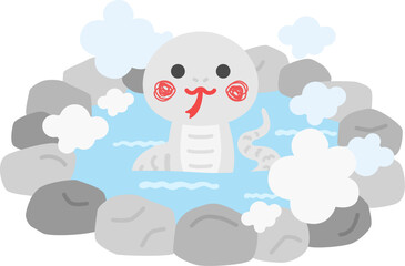 温泉に入る、白蛇のキャラクターのイラスト