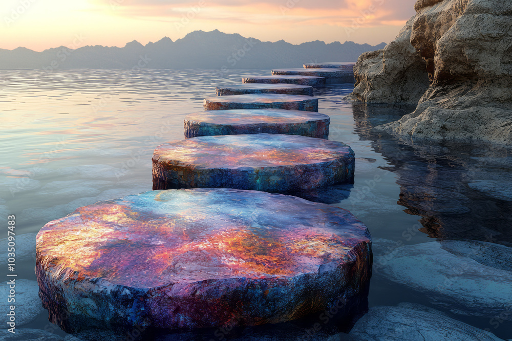 Poster a set of abstract stepping stones crossing a vast, fluid space, symbolizing progress and growth thro
