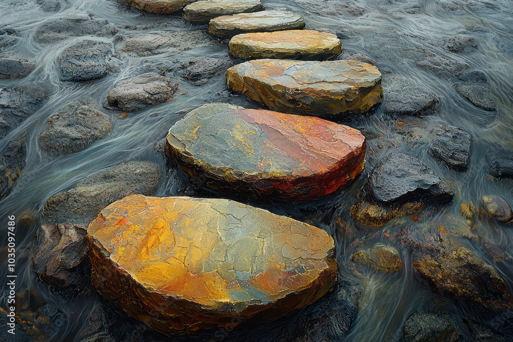 Poster a set of abstract stepping stones crossing a vast, fluid space, symbolizing progress and growth thro