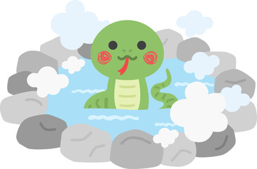 温泉に入る、蛇のキャラクターのイラスト