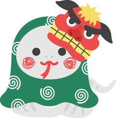 獅子舞の格好をした、白蛇のキャラクターのイラスト