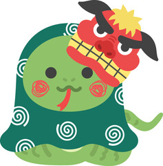 獅子舞の格好をした、蛇のキャラクターのイラスト