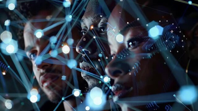 Three individuals engage in a thought-provoking discussion surrounded by abstract digital connections representing complex ideas and technology