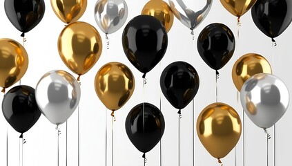 Gold and black balloons floating gracefully on a clean white canvas. A symbol of celebration, elegance, and sophistication, suited for luxury gatherings and premium event promotions.