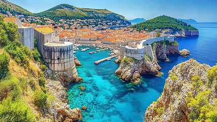 Naklejka premium Dubrovnik landscape. / Aerial view at famous european travel destination in Croatia, Dubrovnik old town,daylight