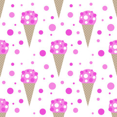 Tasty ice cream flat cartoon seamless pattern on white background. Vector illustration. Sweet sticker for street food, confectionery, bar, restaurants, snacks.