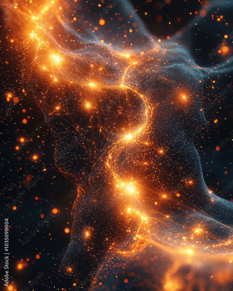 Poster A neural-inspired abstract map with interconnected points, representing the flow and processing of thoughts,
