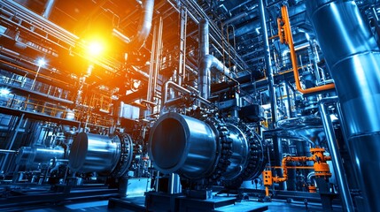 Refinery at night, bright lights, complex and efficient fuel processing