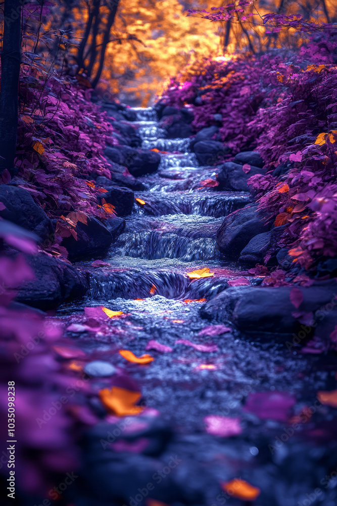 Poster A flowing river of color spectrums in motion, blending and swirling to create an abstract, dynamic scene,