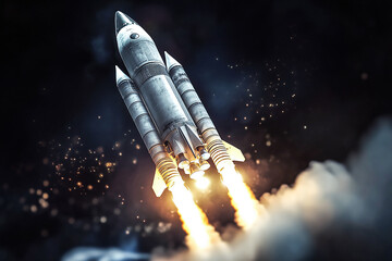 Obraz premium Futuristic 3D Render of a Space Rocket Launching from Laptop: Symbol of Digital Innovation and Progress