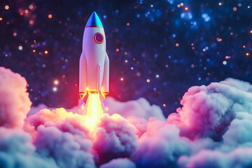 Futuristic 3D Render of a Space Rocket Launching from Laptop: Symbol of Digital Innovation and Progress
