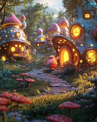 Obraz premium Enchanted Fairy Tale Mushroom Village in Mystical Forest Landscape