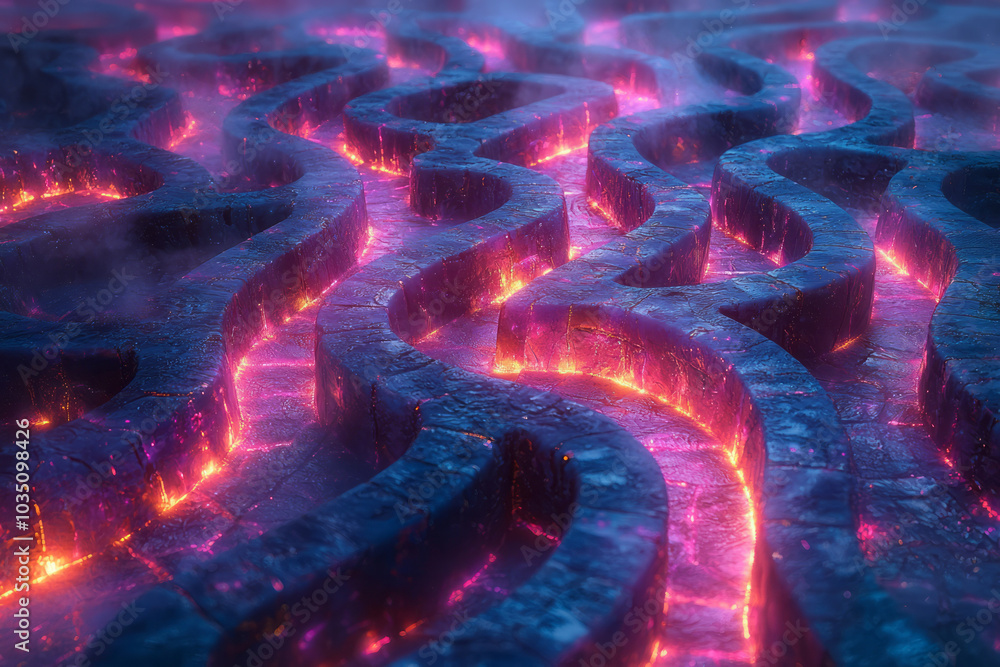 Poster a glowing maze of vibrant hues, forming an abstract representation of the mindâ€™s journey through c