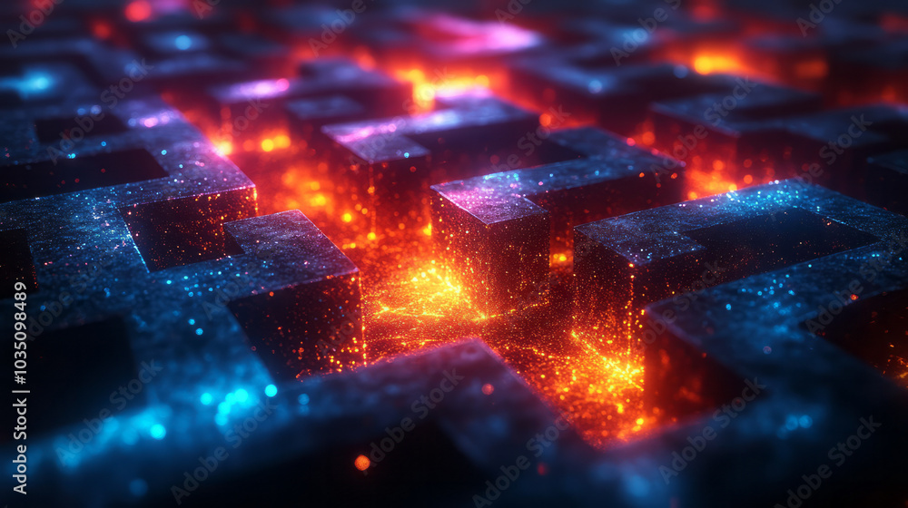 Fototapete a glowing web of color-filled paths forming a maze, symbolizing the journey through the layers of th