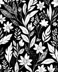 Black and white botanical pattern. For use in graphics, materials. Abstract plant shapes. Minimalist illustration for printing on wall decorations.