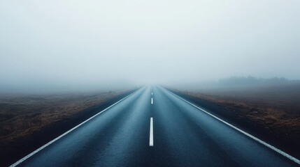 Fototapeta premium A straight, empty road disappears into the thick fog. The road is wet and reflects the gray sky above.