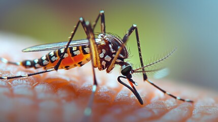 A mosquito feeds, capturing vivid detail in a macro shot.