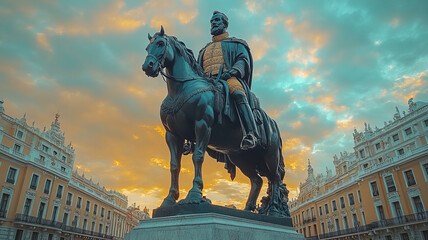 Fototapeta premium Plaza Mayor with statue of King Philip III in Madrid, Spain