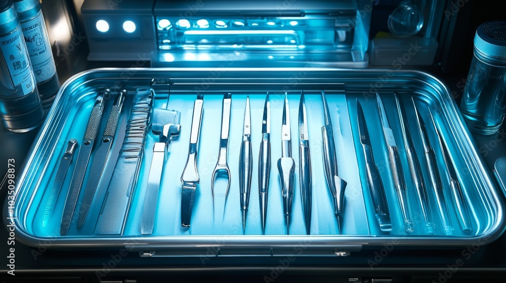 Aufkleber a variety of surgical instruments are meticulously organized on a shiny tray, illuminated by soft bl
