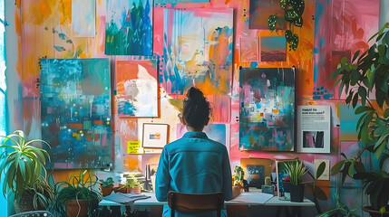 A vision board dedicated to artistic inspiration, showcasing images of famous artworks, creative workspaces, and quotes about pushing artistic boundaries and exploring new mediums