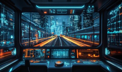 Obraz premium Futuristic train cabin overlooking city lights.