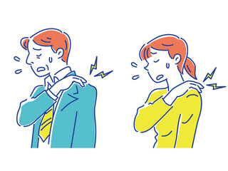 肩が痛くて困っているビジネスマン男性と若い女性