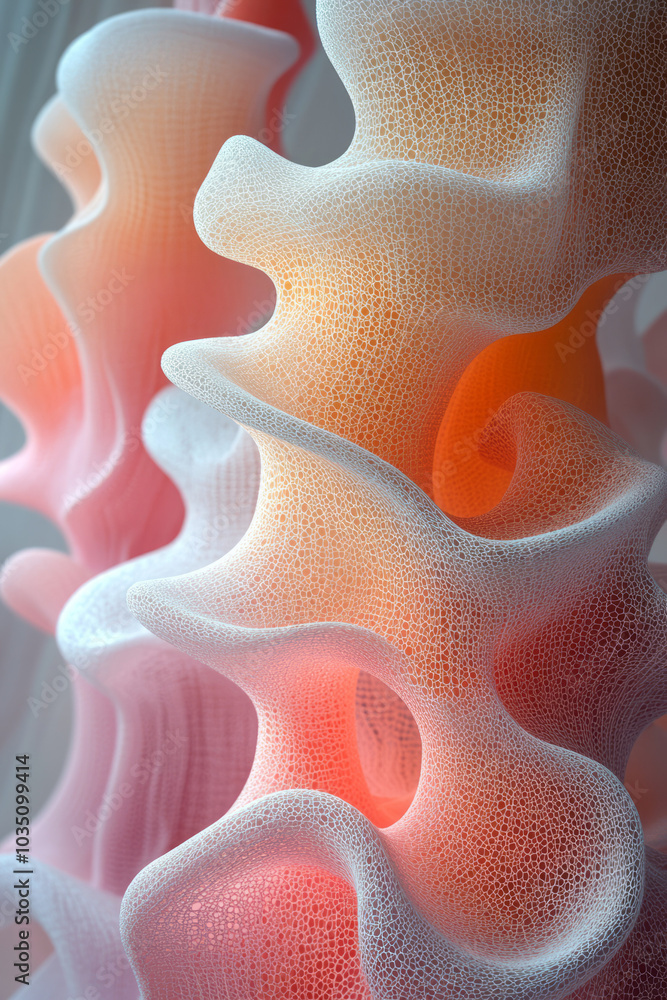 Poster An arrangement of abstract 3D shapes with soft, spongy textures, interconnected by fine white strings,