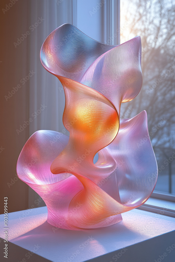 Poster An arrangement of floating 3D forms with smooth, glass-like textures, complemented by subtle line art,