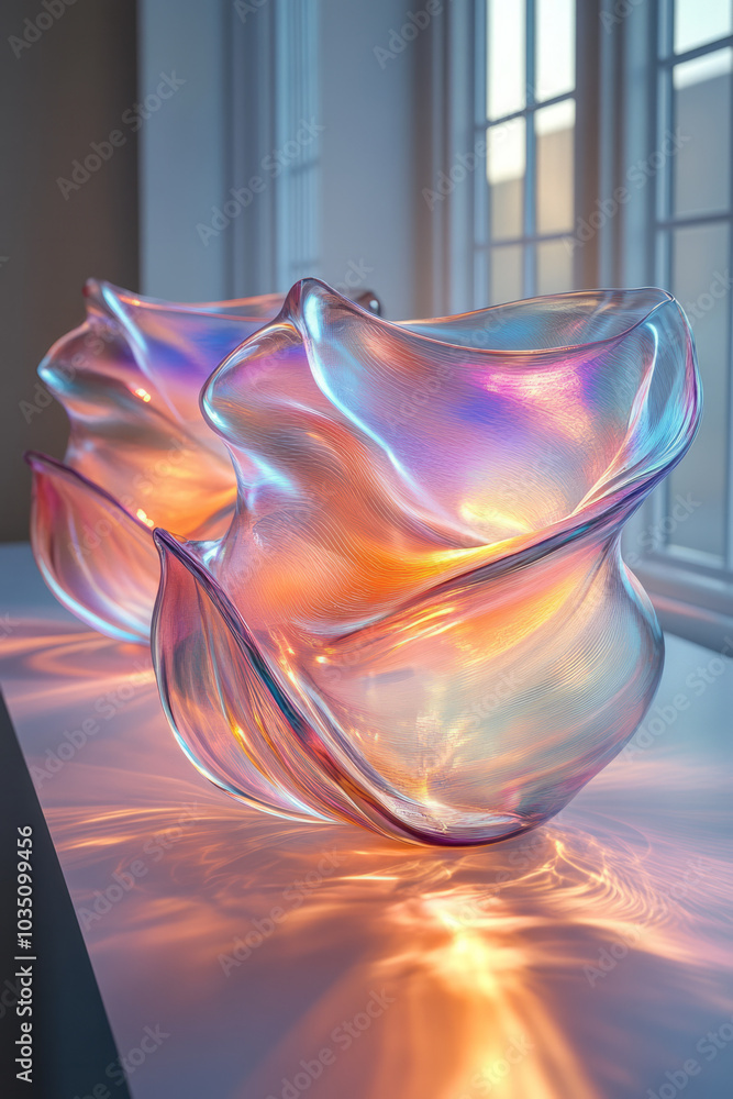 Poster An arrangement of floating 3D forms with smooth, glass-like textures, complemented by subtle line art,