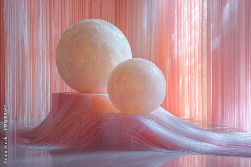 Poster a minimalist composition featuring weightless 3d shapes with furry textures, connected by fine strin