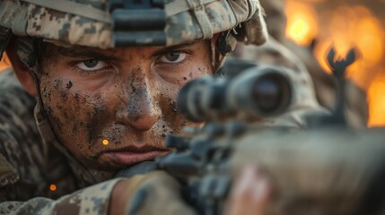 Fototapeta premium A soldier takes aim with fierce focus and determination.