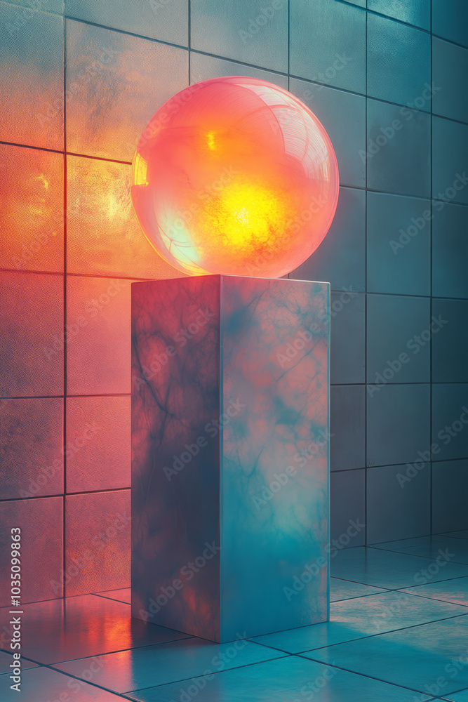 Poster Weightless 3D shapes with soft velvety textures, contrasted by metallic surfaces and subtle line art, floating in pastel hues with a smooth gradient shadow,