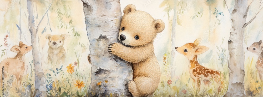 Poster a cute bear cub hugging a tree trunk in a forest with deer and another bear cub in the background.