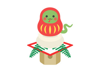 鏡餅の上にのった、達磨の衣装を着た、蛇のキャラクターのイラスト