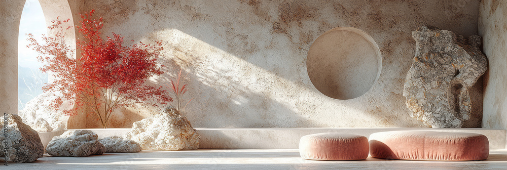 Poster weightless minimal 3d shapes with soft furry textures and glossy paint, floating in harmony with pas