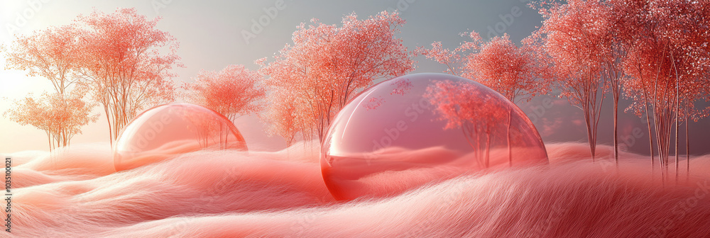 Poster weightless minimal 3d shapes with soft furry textures and glossy paint, floating in harmony with pas