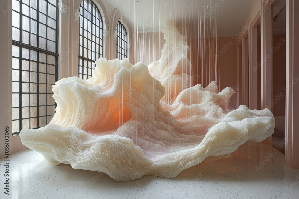 Poster Subtle abstract 3D forms with rubber and smooth marble textures, contrasted with light pastel gradients and floating white strings in a serene, weightless design,