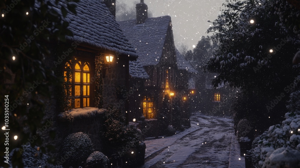 Poster snowflakes gently fall in a peaceful village as warm light spills from cozy windows, illuminating co