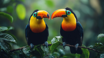 Toucan sitting on the branch in the forest, green vegetation, Costa Rica. Nature travel in central America. Two Keel-billed Toucan, Ramphastos sulfuratus, pair of bird with big bill.