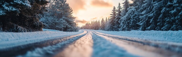 Fototapeta premium A snowy road winding through a forest at sunset, capturing the serene beauty of winter in a tranquil landscape setting. Wide web banner.