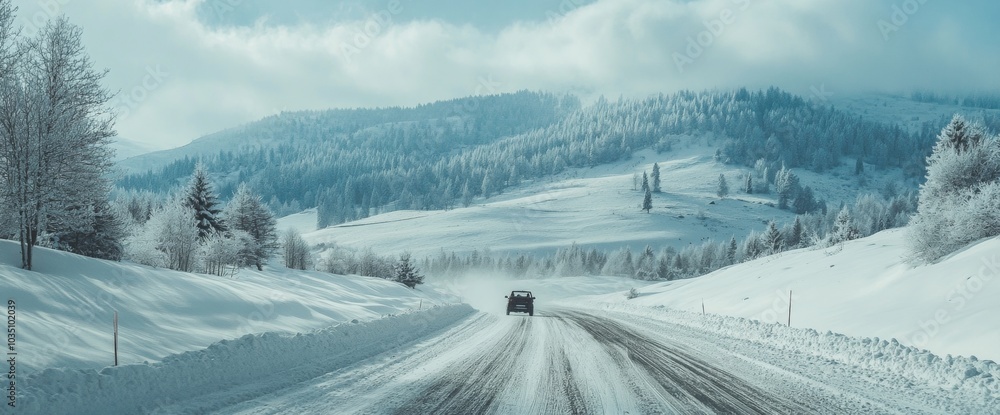 Poster a winter drive through a snowy landscape with frosted trees and mountains under a cloudy sky. with c