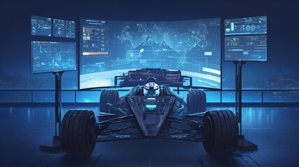 Autonomous racing car technology concept. Futuristic interface of autonomous car with vehicle system information, city map, virtual dashboard.