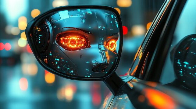 A robot face reflected in a car's rearview mirror, symbolizing autonomous driving and the future of robotaxi services.