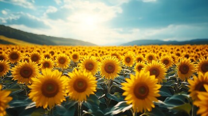 Obraz premium Vibrant sunflower field under a golden sunset