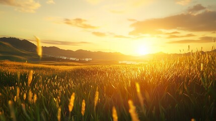 a solar farm at sunrise