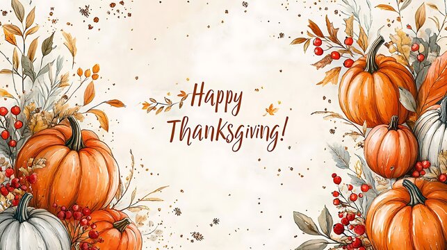 A festive Thanksgiving invitation card with hand-painted pumpkins, autumn leaves, and berries framing a beautifully calligraphed "Happy Thanksgiving!",