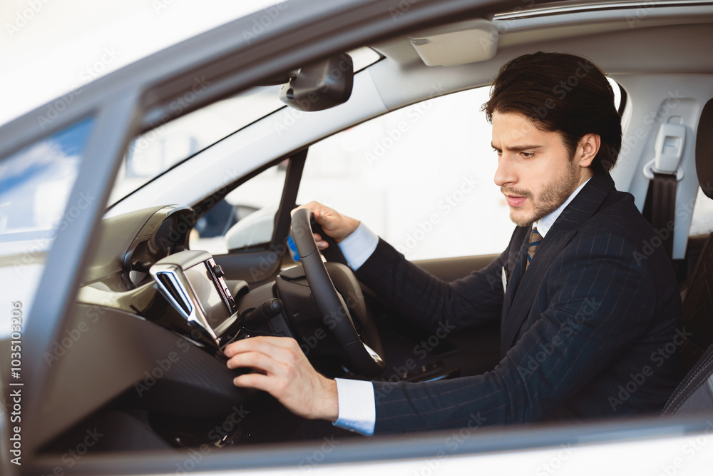 Aufkleber transportation and modern technology concept. assistant checking navigation system on car dashboard 