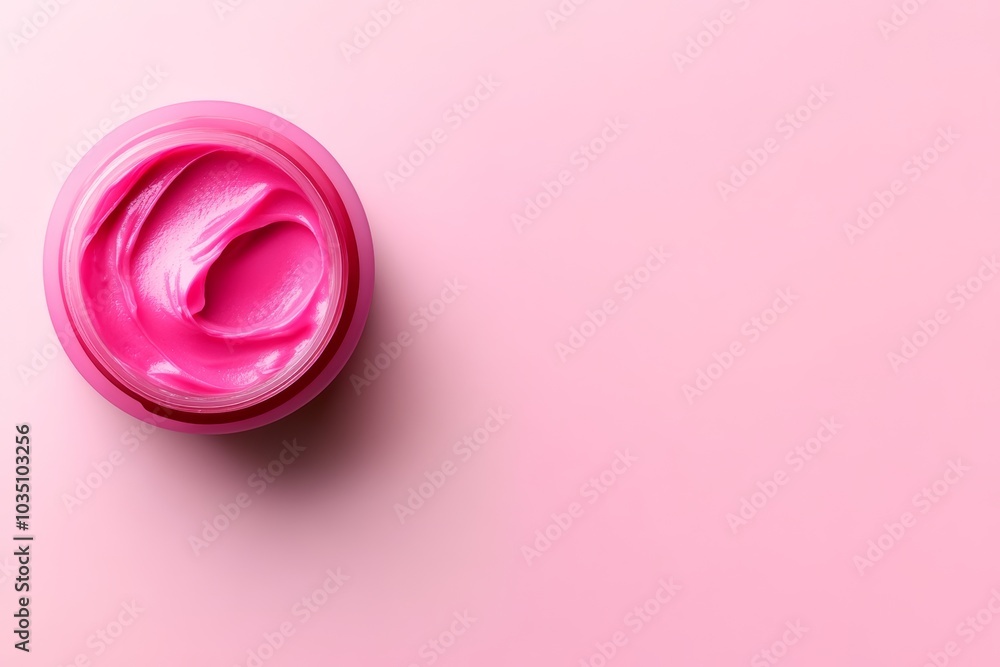 Poster small container filled with pink cream is placed on a pink surface. the container is sitting on a pi