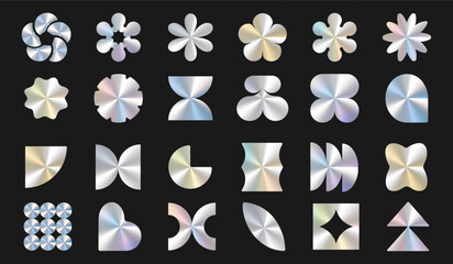 a set of rainbow holographic stickers of different shapes on a dark background. Vector illustration
