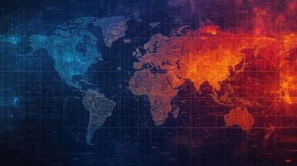 Obraz premium Digital world map with data points in blue and red colors representing global connectivity information flow